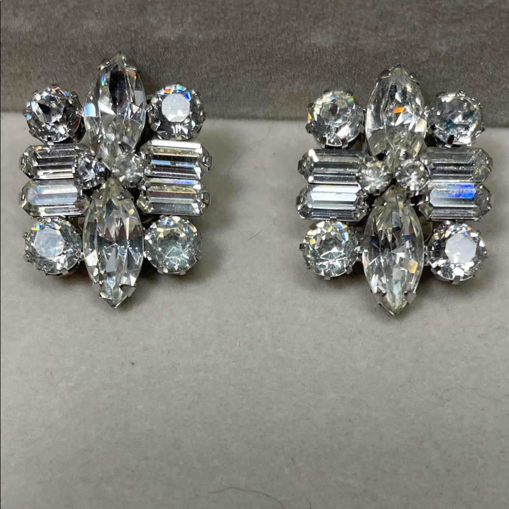 Weiss Silver Crystal Cluster Clip On Holiday Earrings